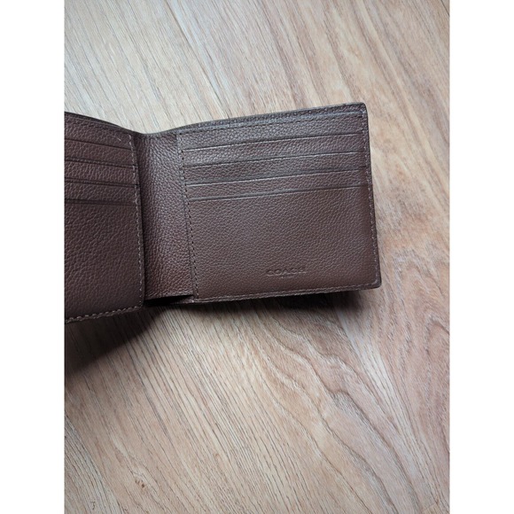 Coach Bi-Fold Pebbled Leather Mens Wallet Dark Saddle Brown - Picture 7 of 10